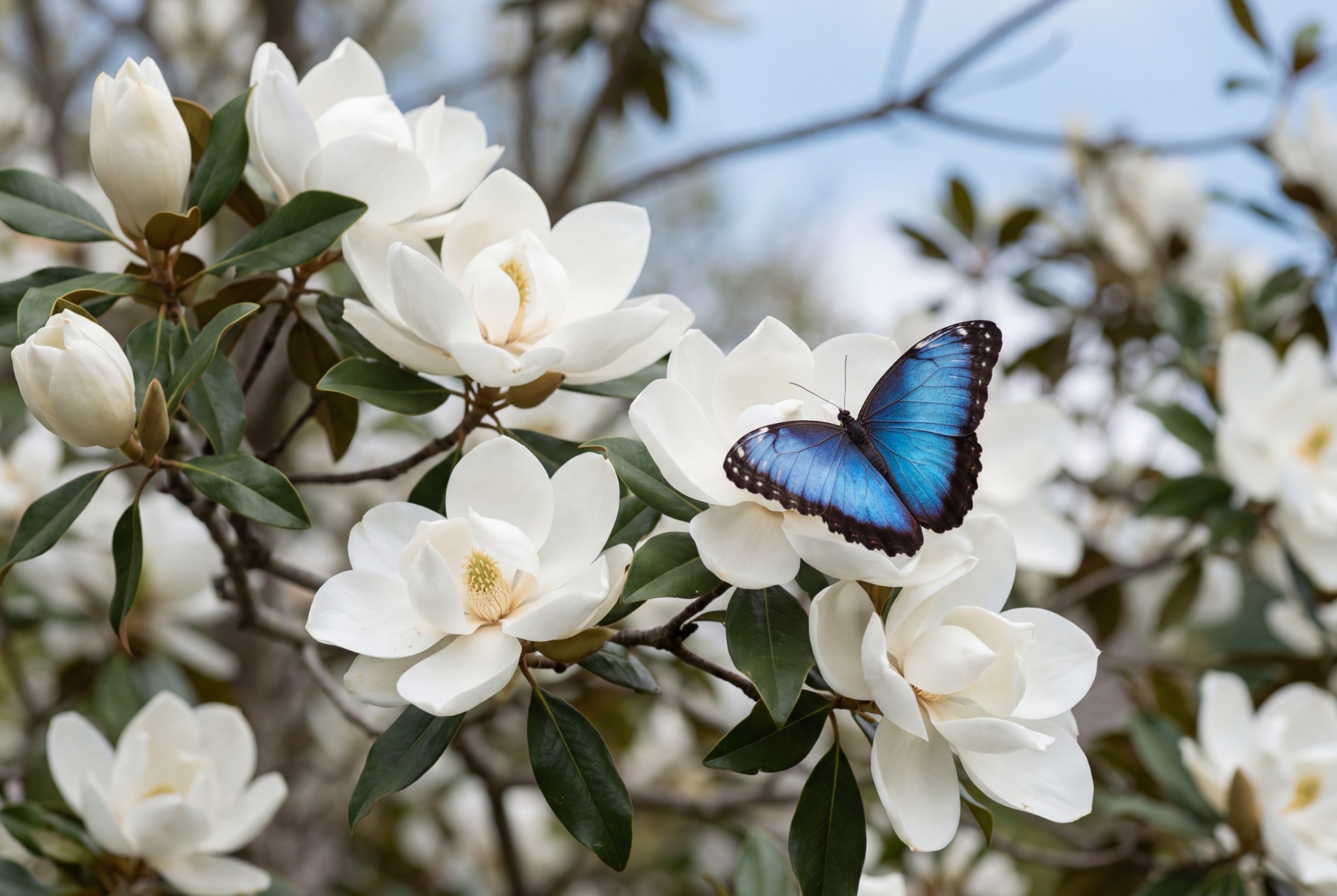 Blue butterfly resting among white magnolia flowers